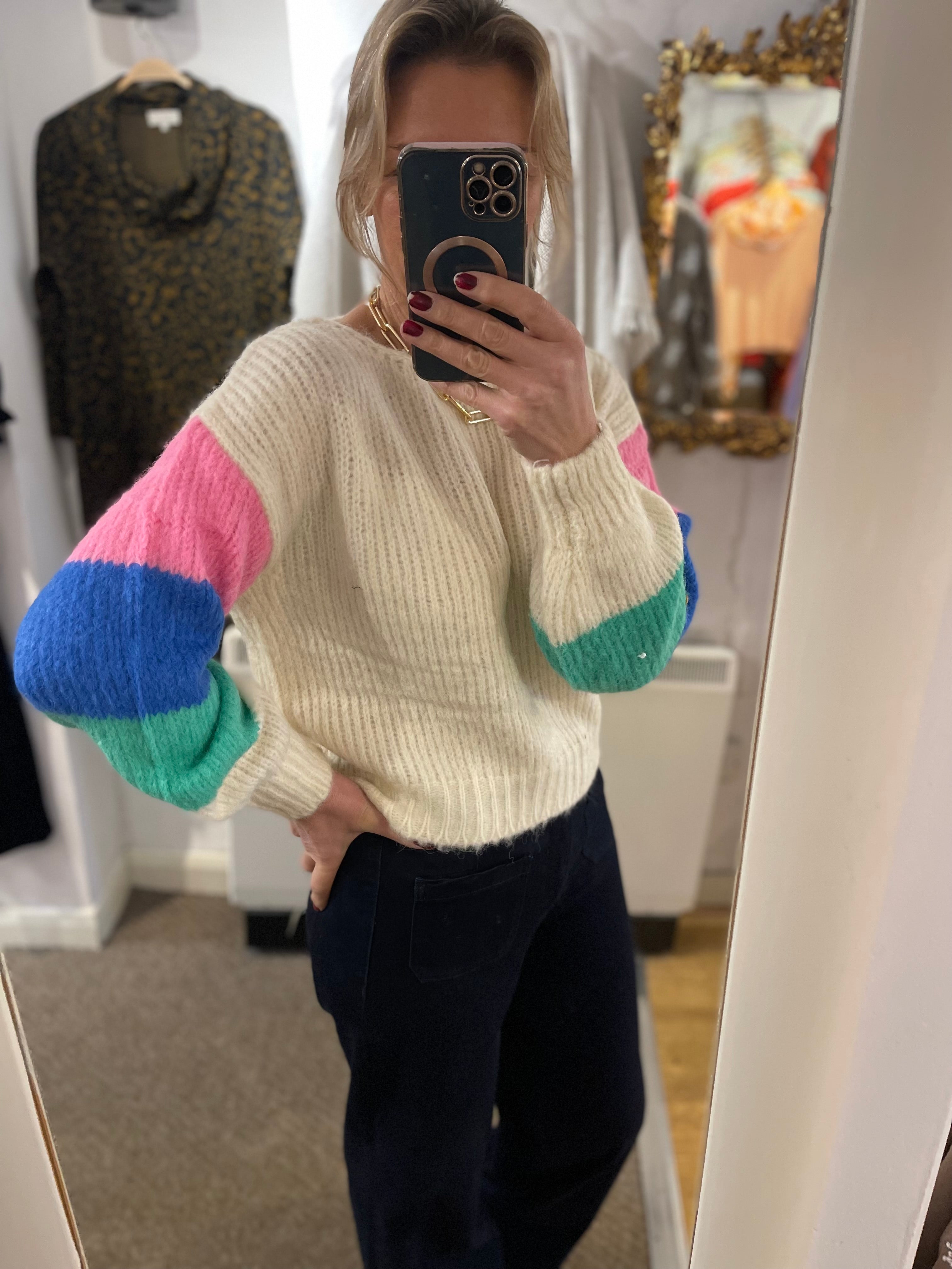 Ecru Sweater with Multicoloured Sleeves