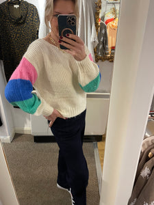 Ecru Sweater with Multicoloured Sleeves